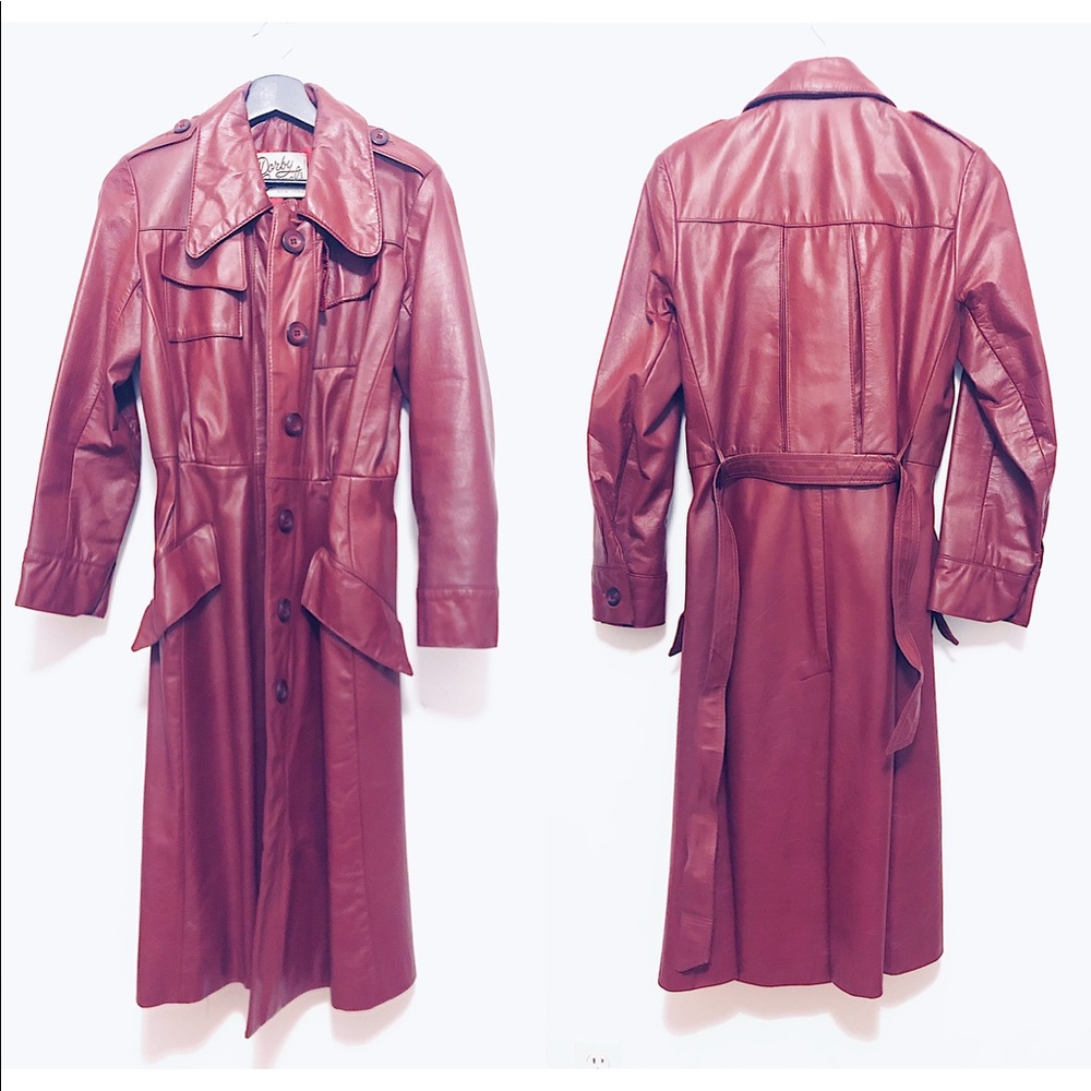 Vintage Deep red /wine/burgundy leather trench long coat